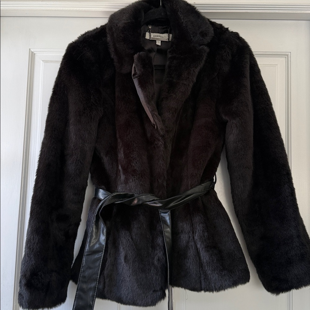 Hawke & Co Black Faux Fur Coat with Fake Leather Belt - Sz S